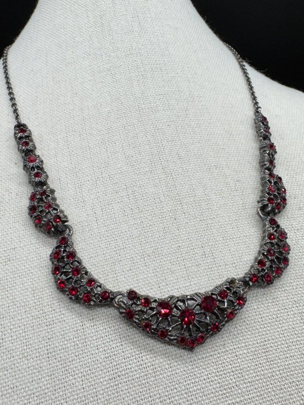Gray Metal Necklace with Red Rhinestones Costume Jewelry 18 inches Antique Style